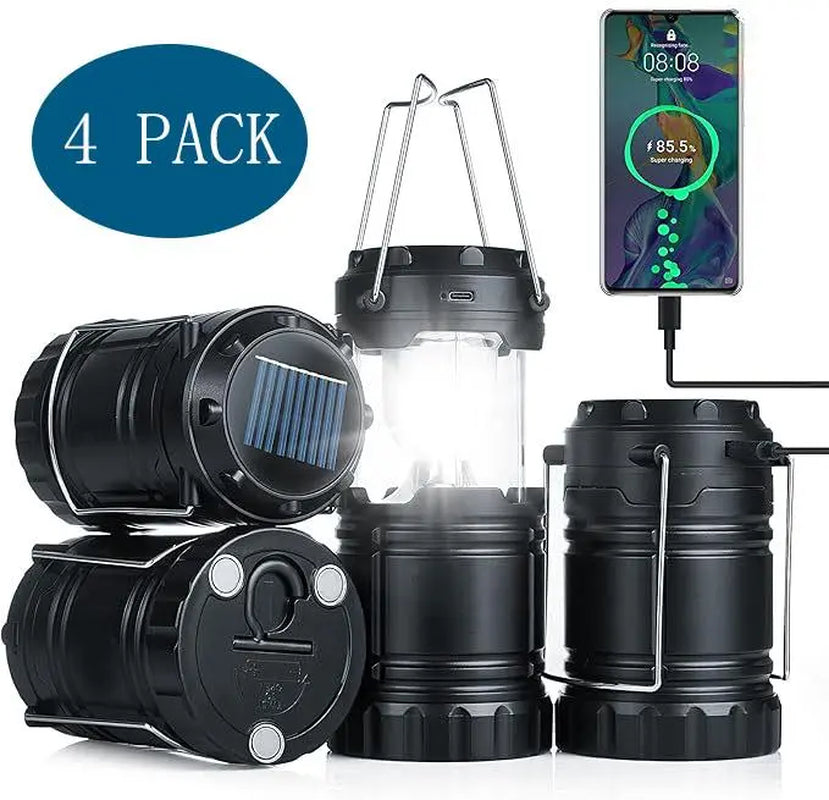 4-Pack Collapsible Portable LED Camping Lantern Lightweight Waterproof Solar USB Rechargeable Flashlight for Indoor/Outdoor Emergency Use