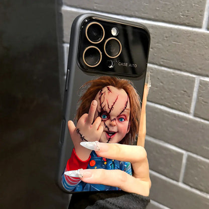 Chucky Creepy Gesture Pattern Dopamine Ins Style Solid Color Phone Case with Ultra Skin Friendly Touch, All Inclusive Lens Phone Case Suitable for Iphone 17 16 15 14 13 12 Pro Max Air