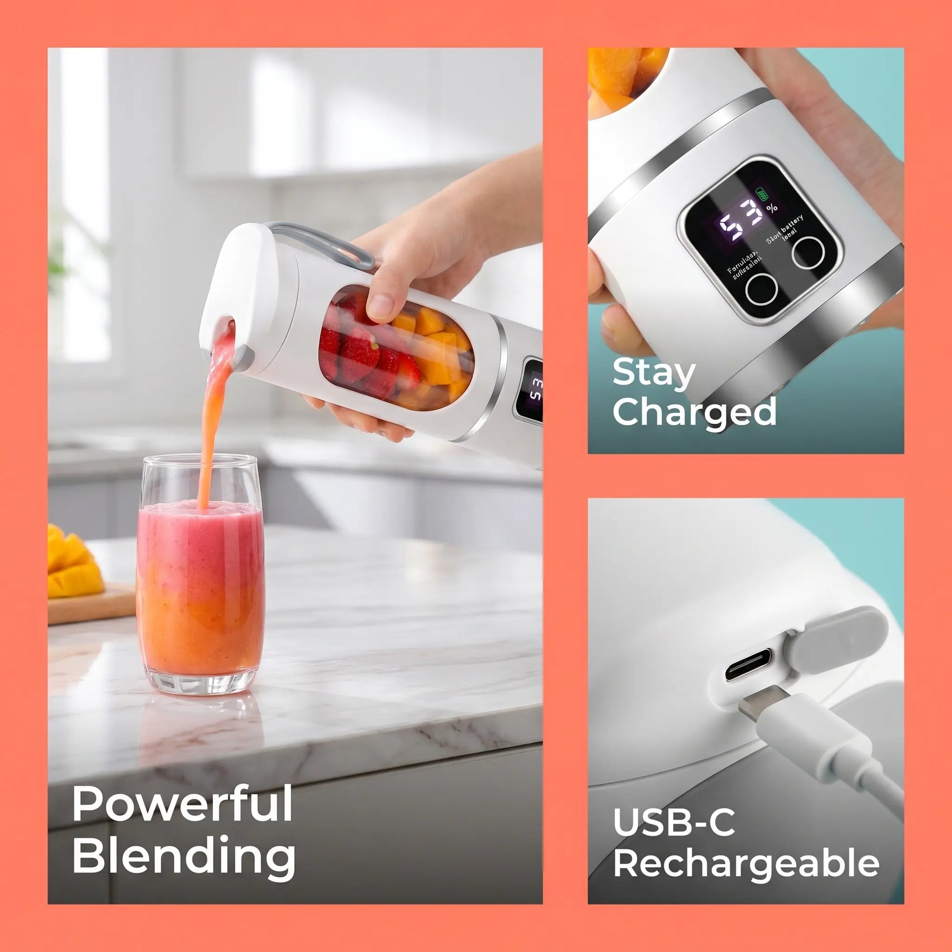 【Summer Sale Deals】 Portable 15.22 Oz USB Rechargeable Personal Blender with LED Display, Durable Abs Material, Perfect for Smoothies & Juices, Home Kitchen Essential,Home Essentials