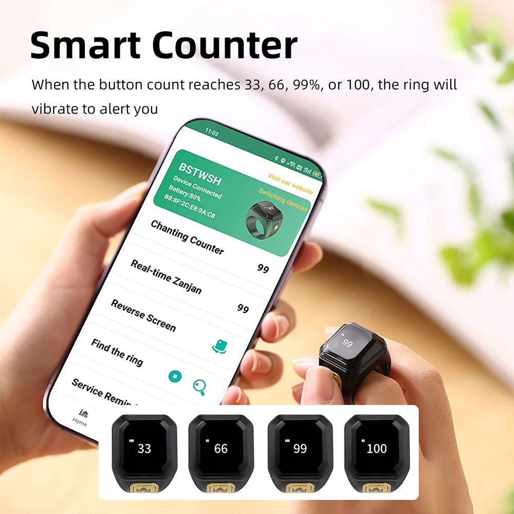OLED Digital Smart Zikr Ring Counter with Bluetooth App for Prayer Time and Vibration Reminder Alarm