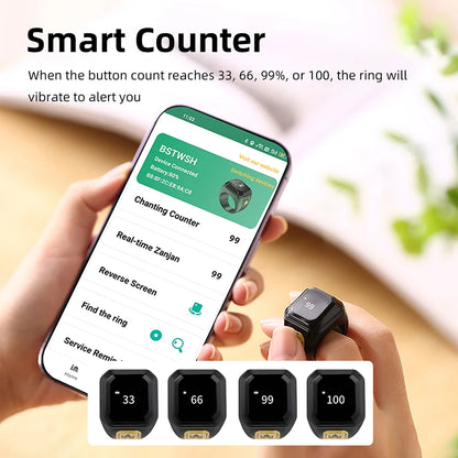 OLED Digital Smart Zikr Ring Counter with Bluetooth App for Prayer Time and Vibration Reminder Alarm