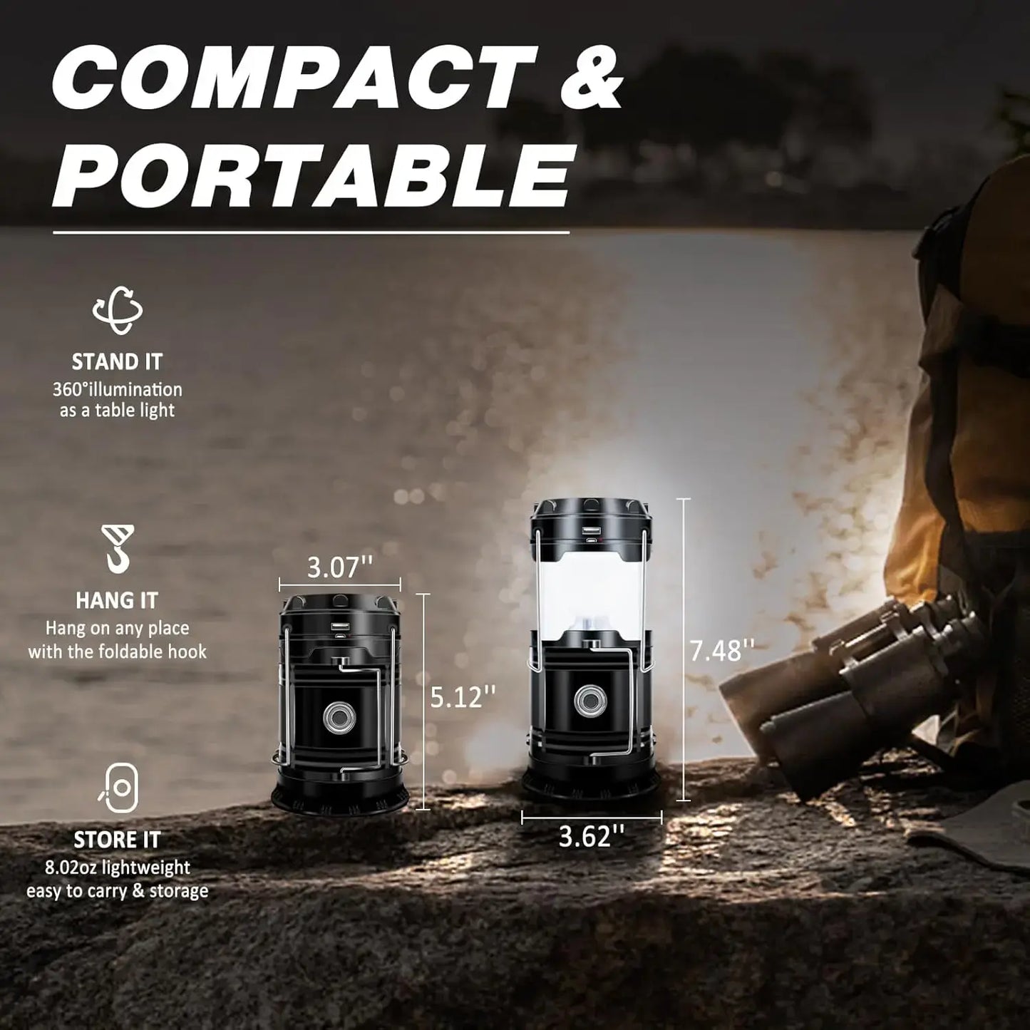 4-Pack Collapsible Portable LED Camping Lantern Lightweight Waterproof Solar USB Rechargeable Flashlight for Indoor/Outdoor Emergency Use