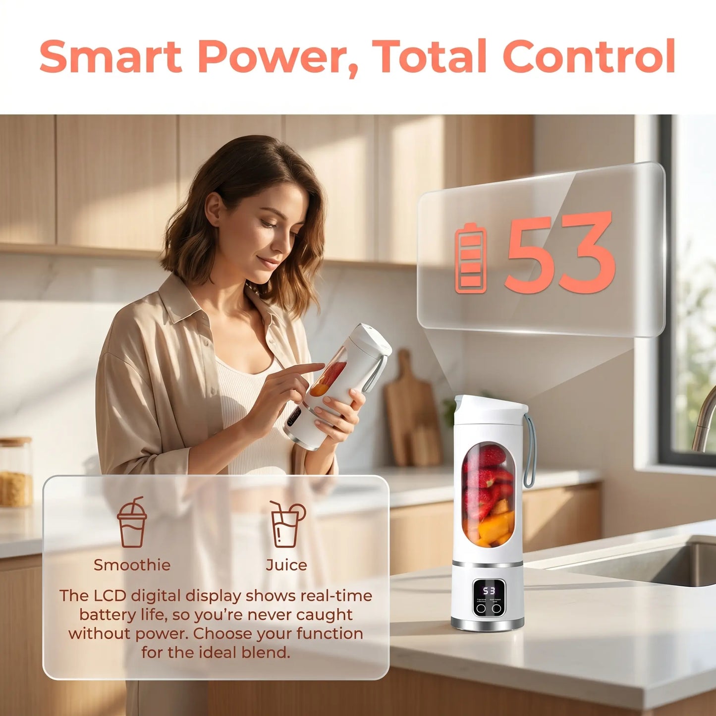 【Summer Sale Deals】 Portable 15.22 Oz USB Rechargeable Personal Blender with LED Display, Durable Abs Material, Perfect for Smoothies & Juices, Home Kitchen Essential,Home Essentials