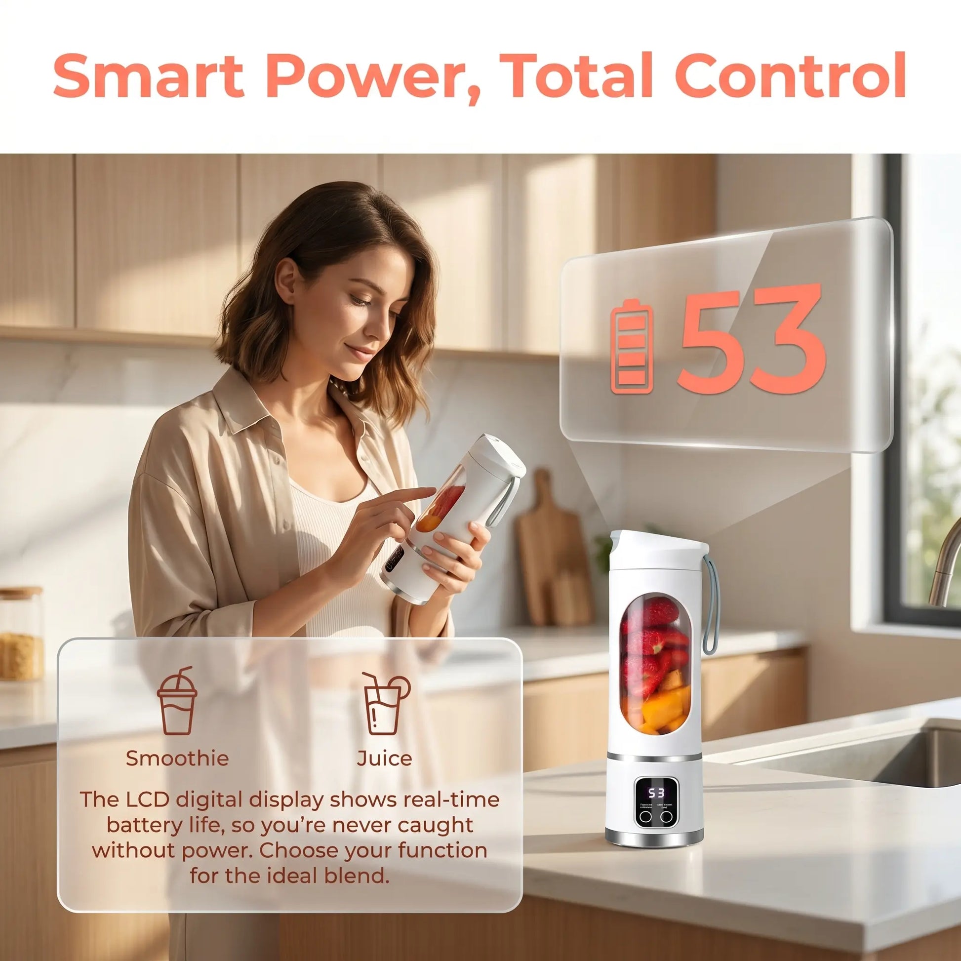 【Summer Sale Deals】 Portable 15.22 Oz USB Rechargeable Personal Blender with LED Display, Durable Abs Material, Perfect for Smoothies & Juices, Home Kitchen Essential,Home Essentials