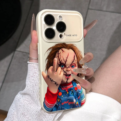 Chucky Creepy Gesture Pattern Dopamine Ins Style Solid Color Phone Case with Ultra Skin Friendly Touch, All Inclusive Lens Phone Case Suitable for Iphone 17 16 15 14 13 12 Pro Max Air