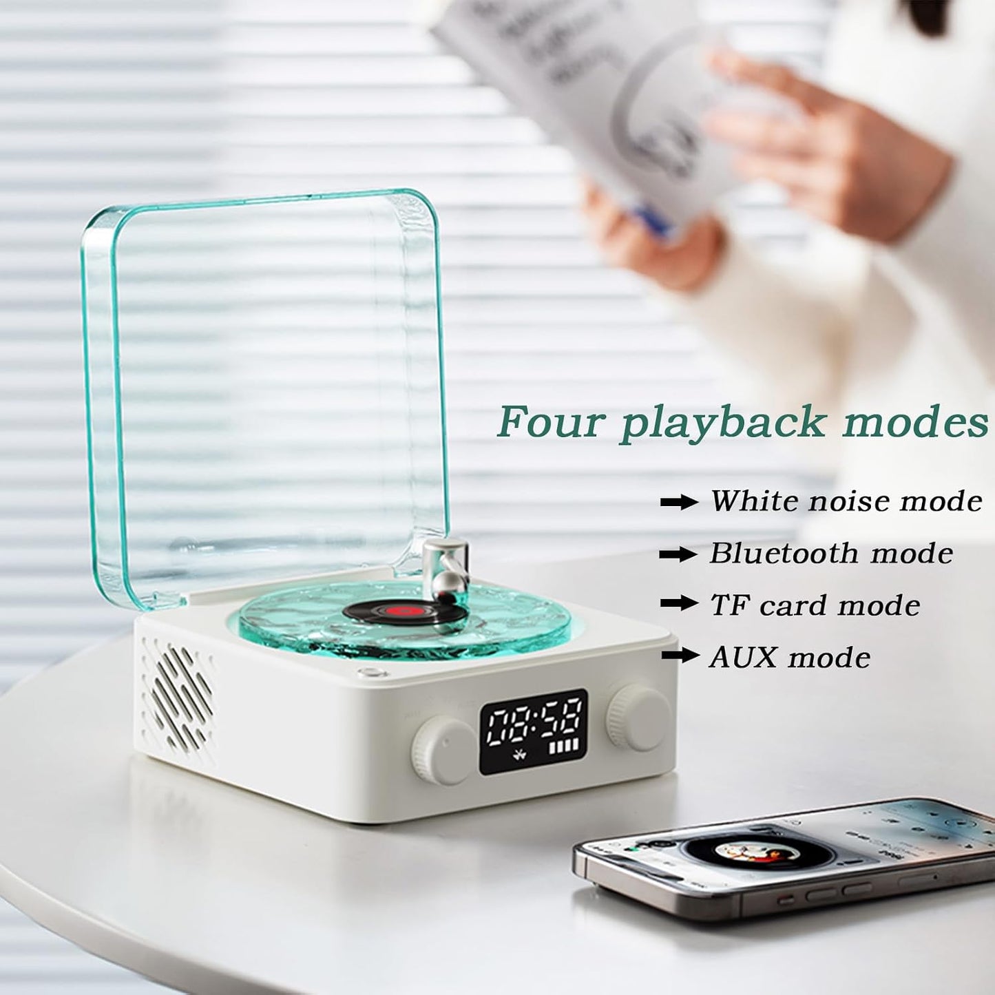 Waves Vintage Vinyl Player and Bluetooth Speaker - Portable Audio System with Adjustable Lighting and Timer for Bedrooms and Events, White
