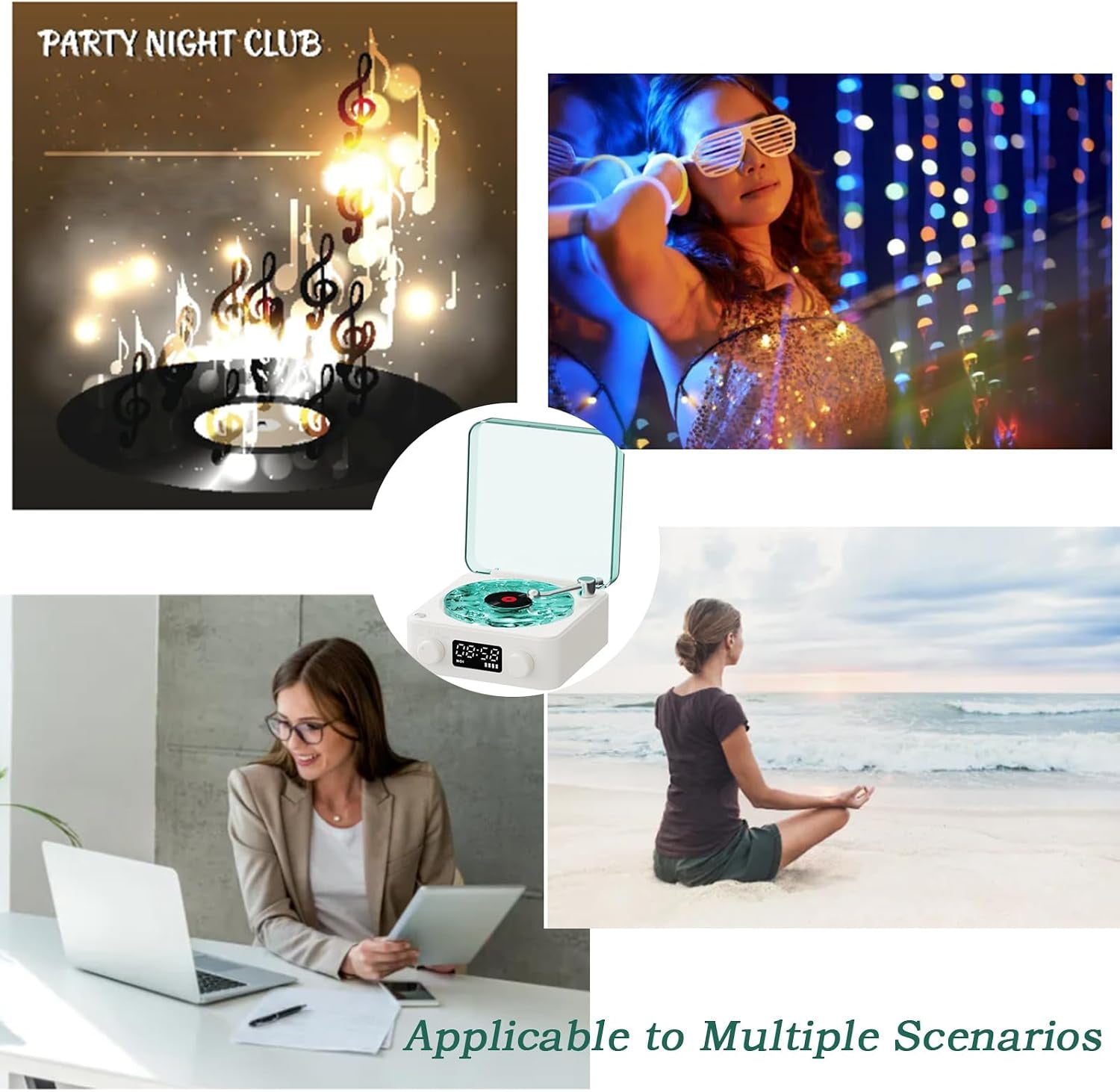 Waves Vintage Vinyl Player and Bluetooth Speaker - Portable Audio System with Adjustable Lighting and Timer for Bedrooms and Events, White