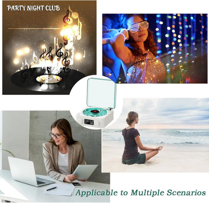 Waves Vintage Vinyl Player and Bluetooth Speaker - Portable Audio System with Adjustable Lighting and Timer for Bedrooms and Events, White