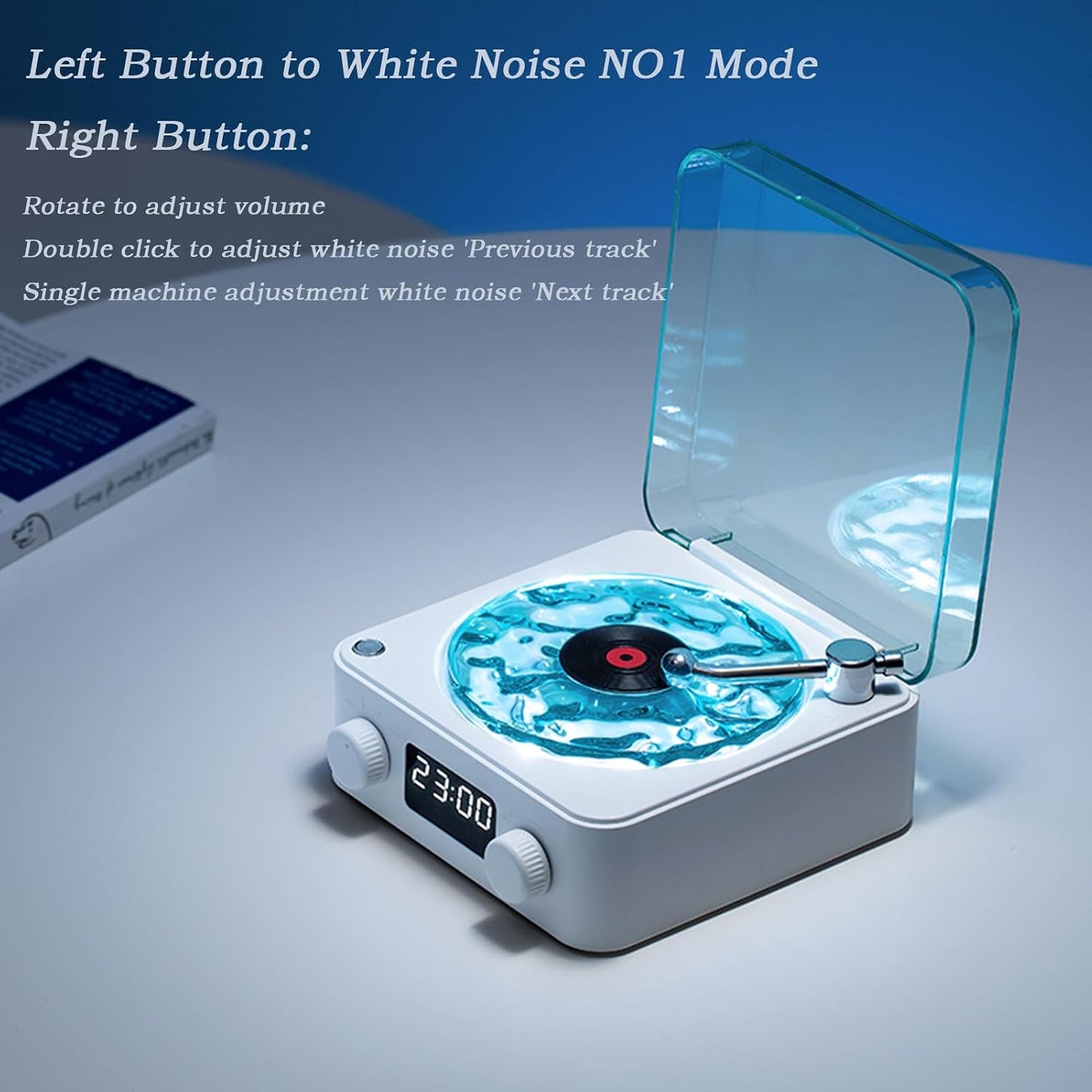 Waves Vintage Vinyl Player and Bluetooth Speaker - Portable Audio System with Adjustable Lighting and Timer for Bedrooms and Events, White