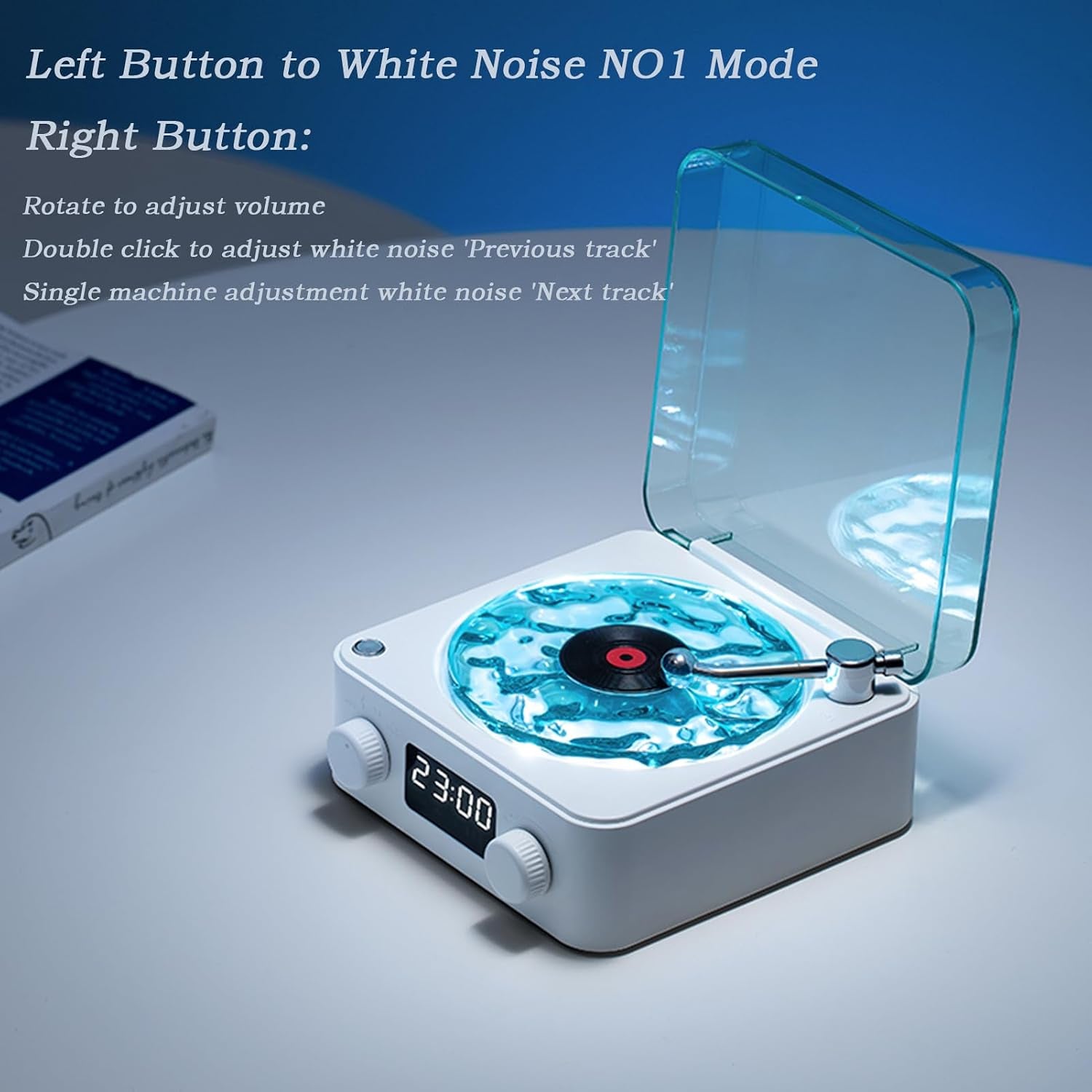 Waves Vintage Vinyl Player and Bluetooth Speaker - Portable Audio System with Adjustable Lighting and Timer for Bedrooms and Events, White