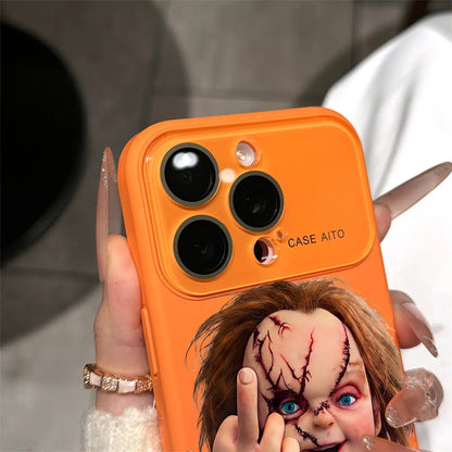 Chucky Creepy Gesture Pattern Dopamine Ins Style Solid Color Phone Case with Ultra Skin Friendly Touch, All Inclusive Lens Phone Case Suitable for Iphone 17 16 15 14 13 12 Pro Max Air