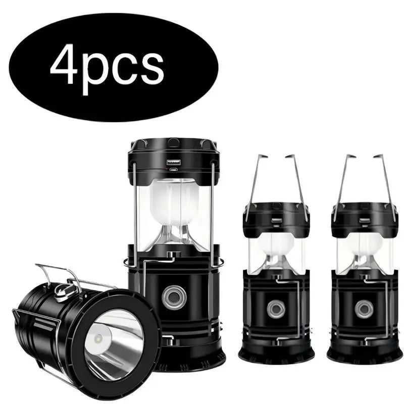 4-Pack Collapsible Portable LED Camping Lantern Lightweight Waterproof Solar USB Rechargeable Flashlight for Indoor/Outdoor Emergency Use
