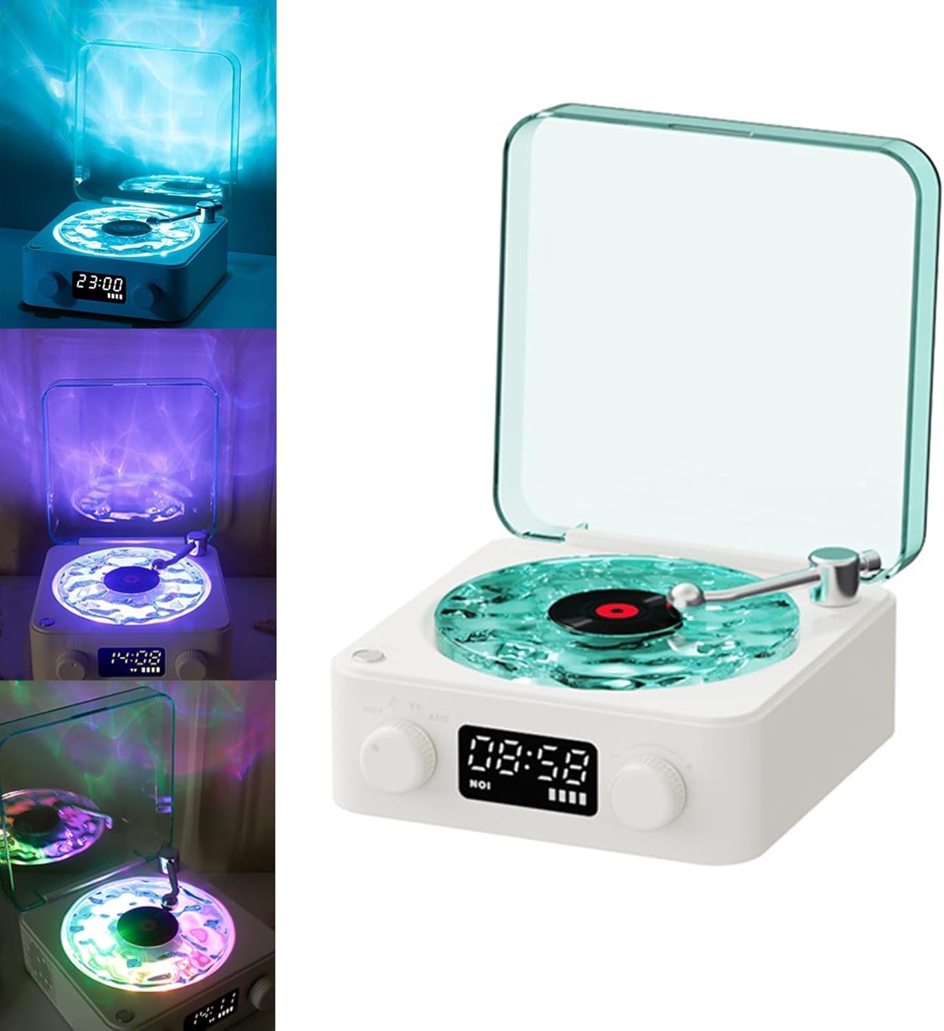 Waves Vintage Vinyl Player and Bluetooth Speaker - Portable Audio System with Adjustable Lighting and Timer for Bedrooms and Events, White